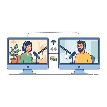 online podcast, remote podcast, podcast conversation, remote interview, podcast hosts, podcast recording, video podcast, podcast microphone, virtual interview, online communication, computer monitor, 