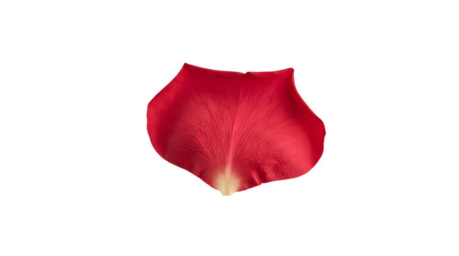 A single vibrant red rose petal with delicate fine veins spreading across its soft surface, showing a pale yellowish-white gradient at the narrow bottom base area, isolated on a white background