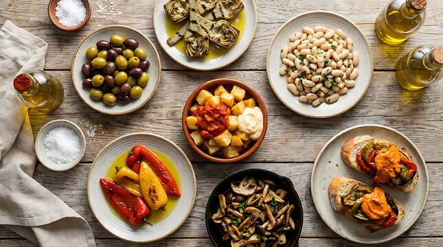 Top view of delicious spanish tapas dishes served on a rustic wooden table for a healthy dinner party. Plant-based Spanish cuisine