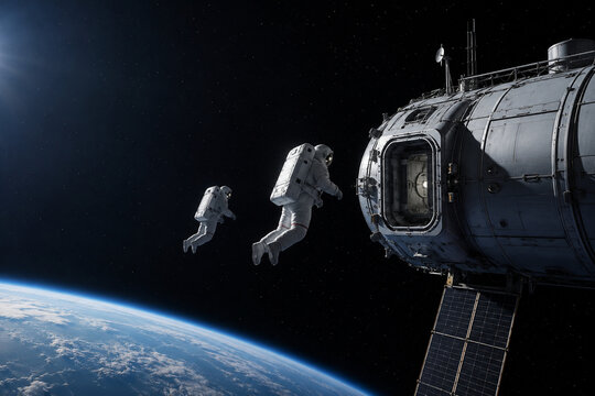 Astronauts approaching space station module in orbit, space exploration concept