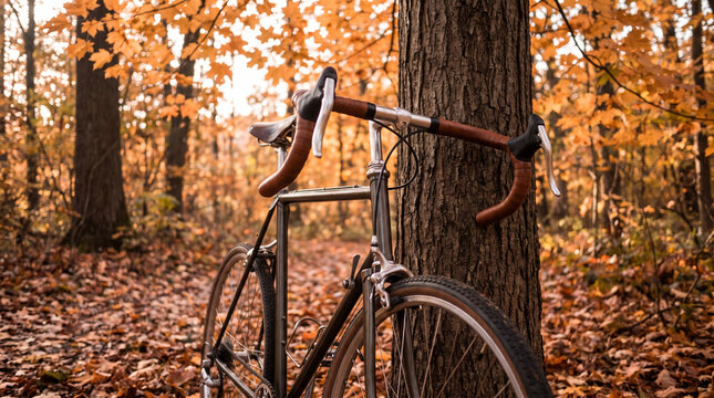 Bicycle parked against autumn maple tree in a forest with fallen leaves  