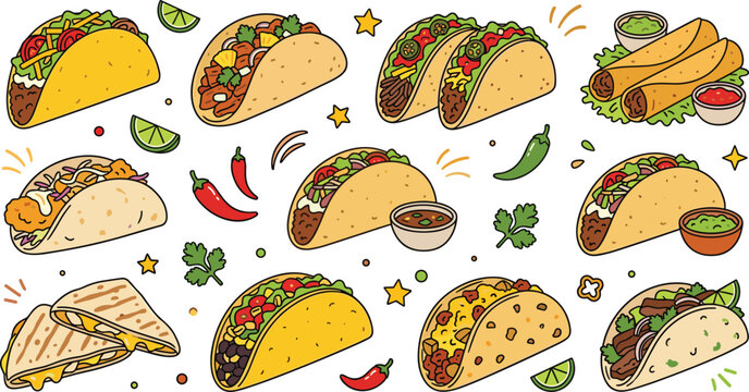 Traditional Mexican Food Taco Set Featuring Quesadillas Flautas Corn Tortillas Chili Peppers Lime Slices and Dipping Sauces for Restaurant Menu Vector Designs