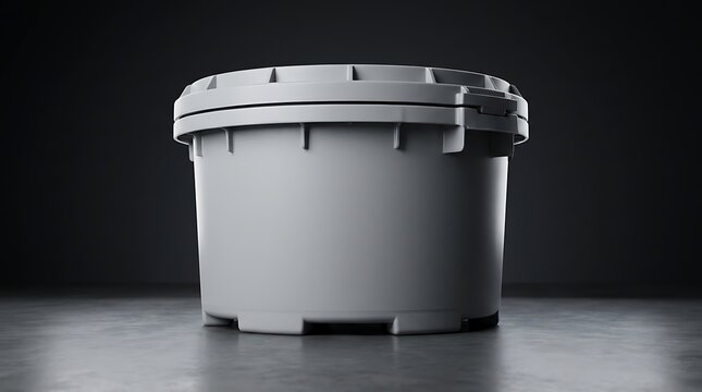 Large grey plastic bucket with a secure lid sitting on a dark surface in a studio setting. thick-walled container