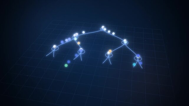 3D decision tree with glowing nodes and leaf columns on blue grid