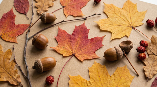 Autumn nature crafts with colorful leaves and acorns on paper  