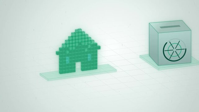 Green voxels forming a pixel house tokenized into a metal vault