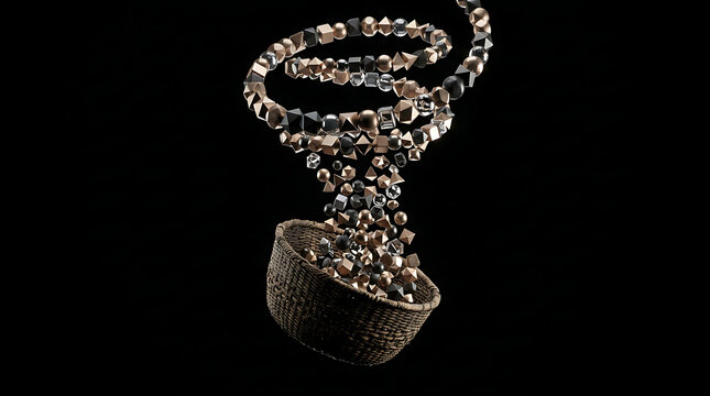 Sparkling crystal beads spiraling downward into small textured bowl on pure dark background, luxury jewelry craft materials falling suspended in air