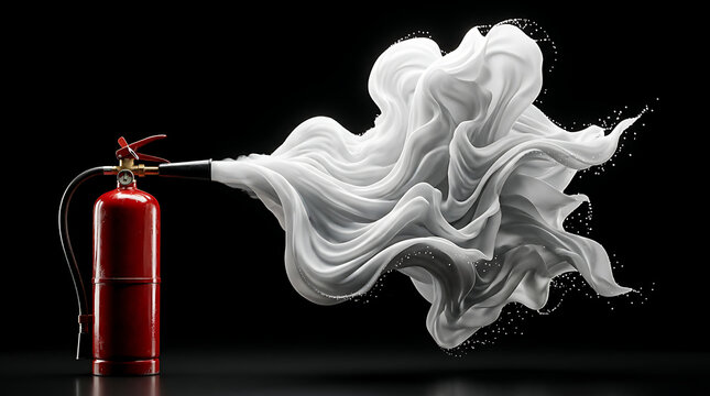 Red fire extinguisher discharging thick white chemical foam spray, dynamic studio shot of emergency safety equipment emitting dense white powder cloud against a black background. Red safety fire