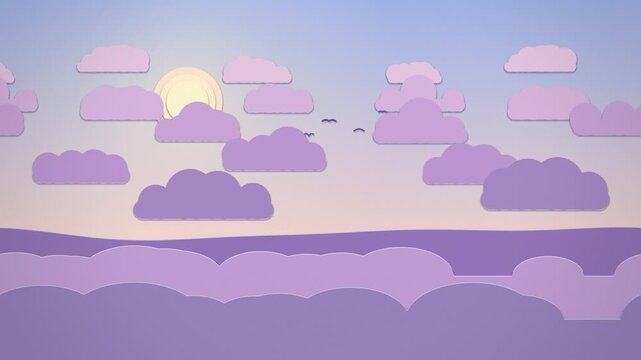 Pastel purple paper clouds drifting in pink sky with sun and birds