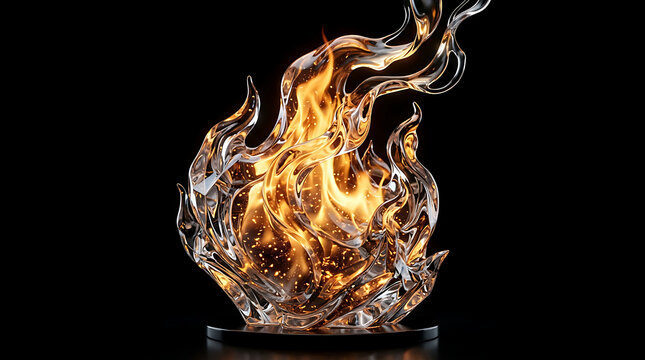 Transparent glass fire sculpture with glowing ember flame inside, artistic crystal flame statue isolated on dark background, modern liquid glass fire swirl design element for creative art
