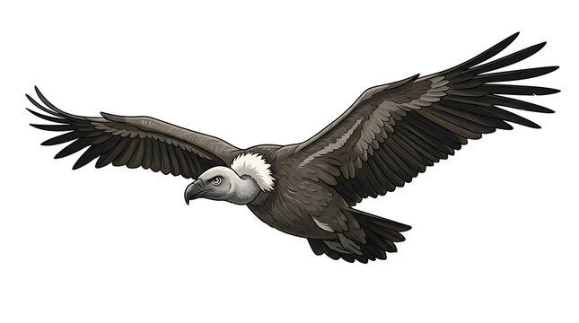 Flying vulture bird illustration isolated on white background, majestic raptor scavenger wild animal with wide outstretched wings in mid air flight