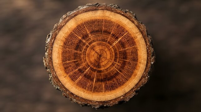 Detailed cross section of a tree trunk showing concentric growth rings and bark texture