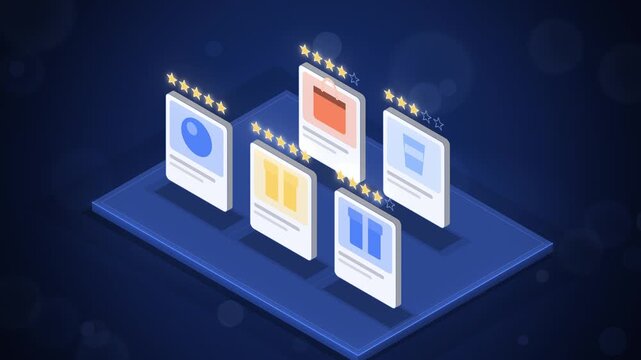 Isometric product cards with five star ratings on blue platform