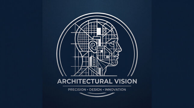 Architectural vision concept logo featuring a human head profile filled with blueprint grid lines and structural elements on a dark blue background.