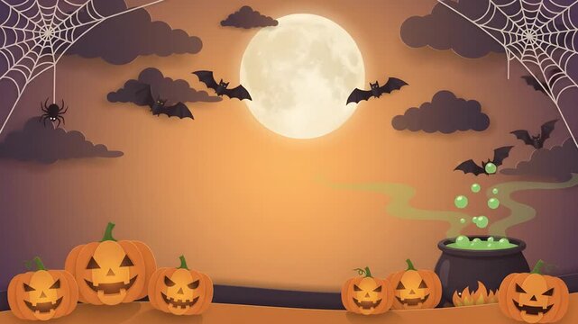 Happy Halloween banner or party invitation background with clouds, bats and pumpkins in paper cut style. Paper style illustration. Full moon in orange sky, spiders web 4k video resolution