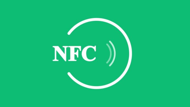 NFC Wireless Signal Icon Animation with Circular Motion on Green Background Contact less payment with credit card