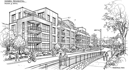 Obraz premium Urban residential block perspective illustration with brick facade multi level balconies bicycle lane and pedestrian pathway
