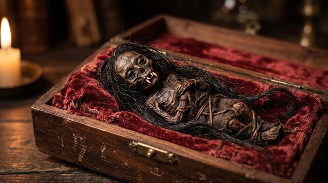 Creepy Mummified Doll in Ornate Wooden Box with Red Velvet Lining and Candlelight.