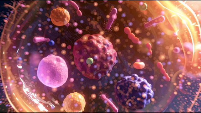 The clip shows microorganisms interacting in a colorful microscopic world with various shapes and sizes clearly visible in a dynamic setting.