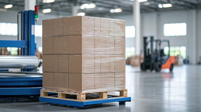 Cardboard pallet ecommerce package in modern warehouse ready for shipping