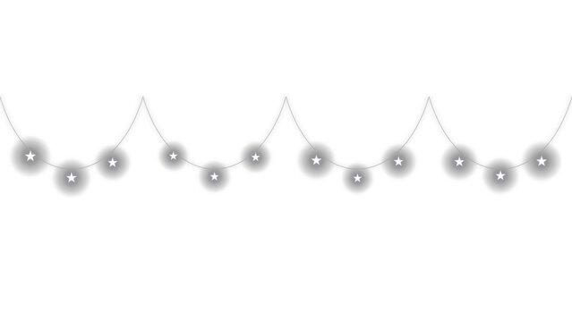 Festive string of hanging glowing white star lights isolated on white background transparent background