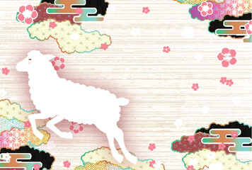 Fototapeta premium 白い羊のシルエットと梅の花が描かれた華やかな和風デザイン