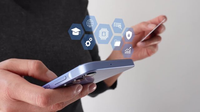 Businesswoman holding a card while holding a smartphone displaying an animation of data analysis and study icons for artificial intelligence.