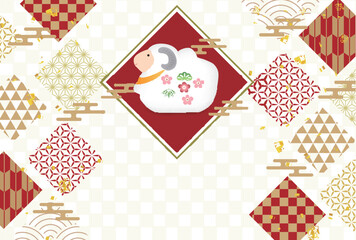 Fototapeta premium 和風の幾何学模様と可愛い動物キャラクターのお祝いデザイン