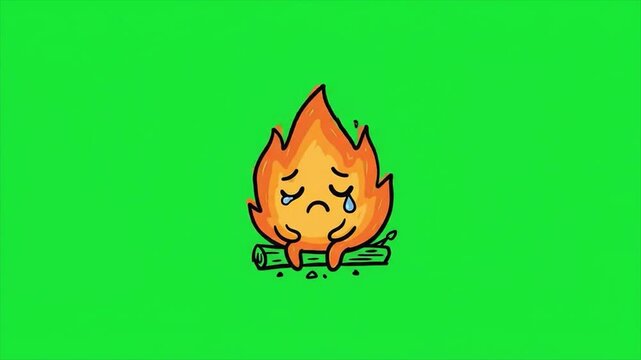 Sad fire flame character crying on green screen background. Cartoon campfire mascot feeling depressed with tear drop. Animated burning flame icon for sorrow emotion concept.