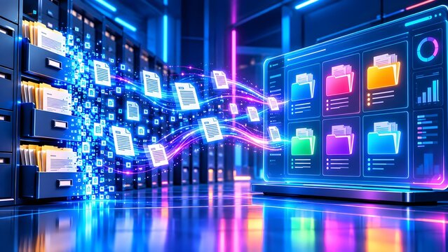 Data stream from physical folders entering digital interface for organization and storage in server room