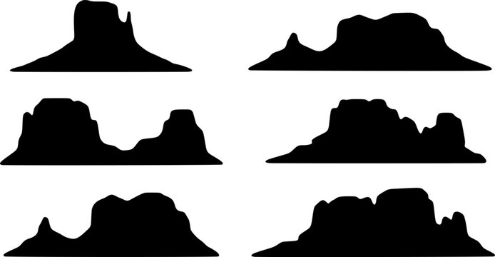 Black silhouette mountain ranges isolated on transparent background for landscape horizon sketching