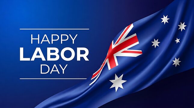 Australian Labor Day greeting, waving national flag of Australia on blue background, patriotic holiday banner for social media and event promotion