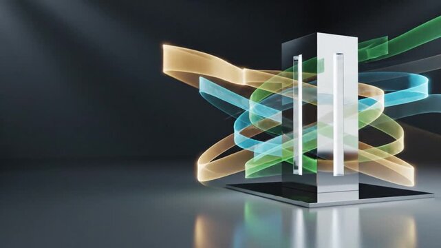 Data server tower surrounded by glowing digital data streams in abstract technology environment