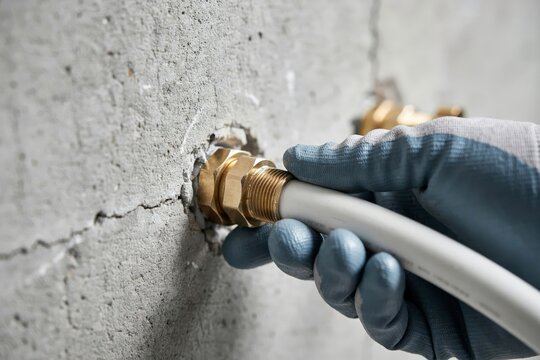 Plumber installing a white pex pipe into a brass fitting on a concrete wall during home renovation or plumbing repair work