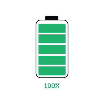 Fully charged battery icon with five green segments and a black terminal, accompanied by the text 100% in a matching green digital font on a white background