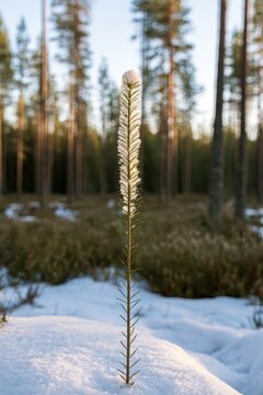 Young pine sapling with snow in a winter forest