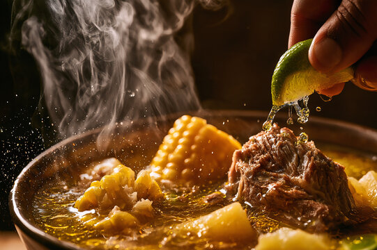 hand squeezing a fresh lime over a steaming bowl of Caldo de Res