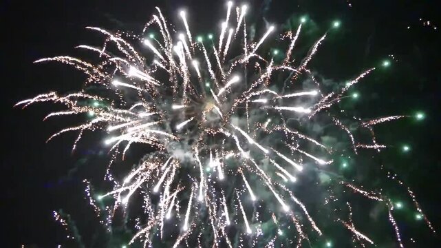 Fireworks display exploding in night sky with white and green trails