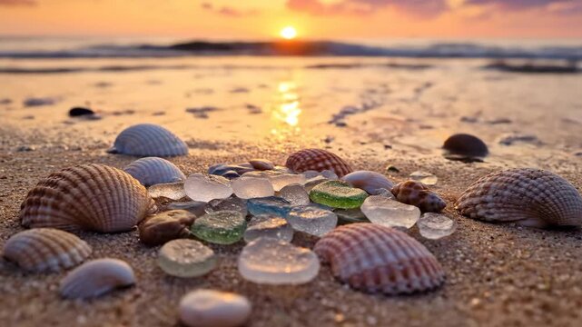 Close-up of seashells and sea glass on a beach during a vibrant sunset.