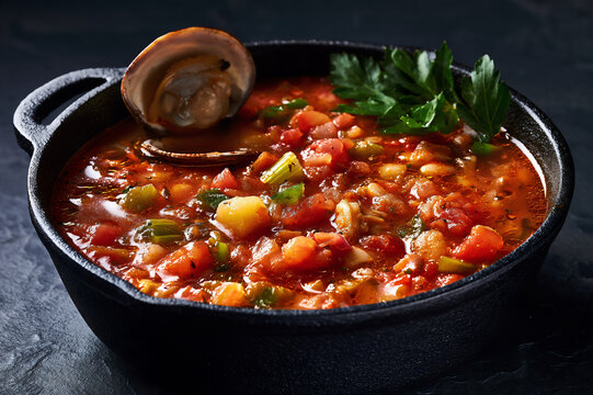 Manhattan red clam chowder in a dark cast iron bowl with fresh parsley