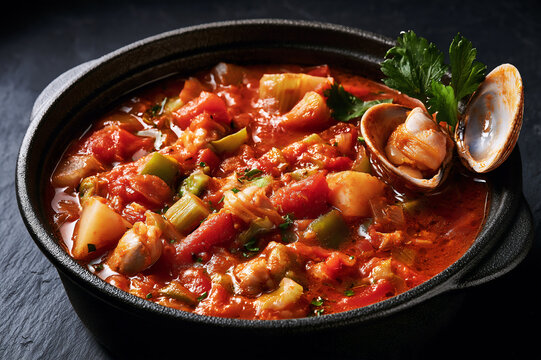 Manhattan red clam chowder in a dark cast iron bowl with fresh parsley