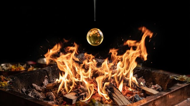 Burning wood logs in a metal fire pit with bright orange flames and glowing embers
