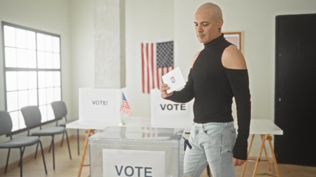 Man places ballot into a clear ballot box in a building with american flags and vote signs, hand lowering envelope; pride civic duty.