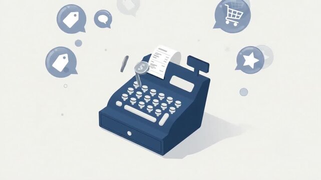 Isometric cash register icons with shopping symbols on white