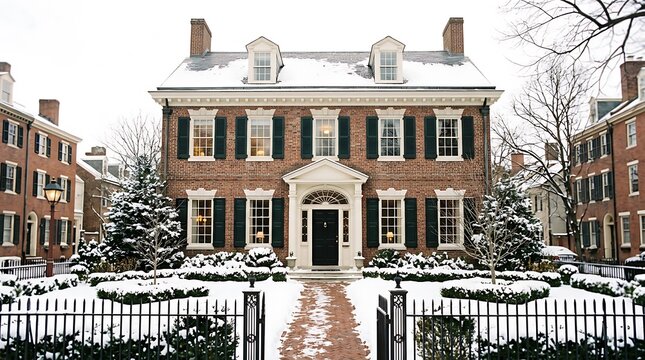 Red Brick Federal-Style Historic Home in Winter