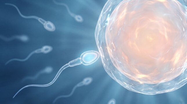 Sperm and Egg Fertilization, Reproductive Health and Fertility Medicine. Sperm Approaching Egg Cell in Human Fertilization and Conception