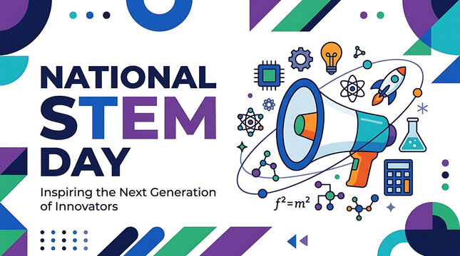 National STEM Day vector banner illustration featuring bold typography, a megaphone, and colorful educational science, technology, engineering, and mathematics symbols