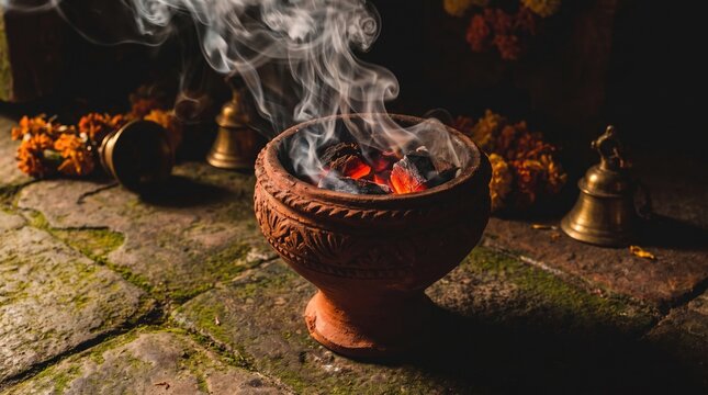 Traditional Clay Incense Burner with Glowing Charcoal and Rising Smoke in a Spiritual Temple Setting