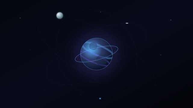 Blue futuristic planet rotating with orbiting moons in dark space background video motion clip