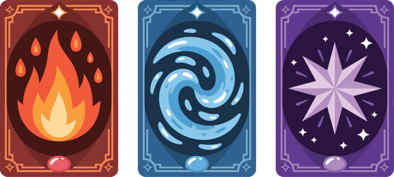 Three fantasy magic cards with fire water and star symbols, mystical game designs featuring elemental powers, enchanted motifs and magical adventure themes.